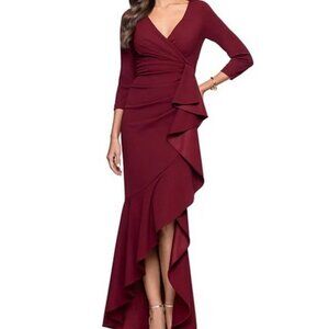 Betsy & Adam Bordeaux Burgundy Ruffle Scuba Crepe Faux Wrap Gown
